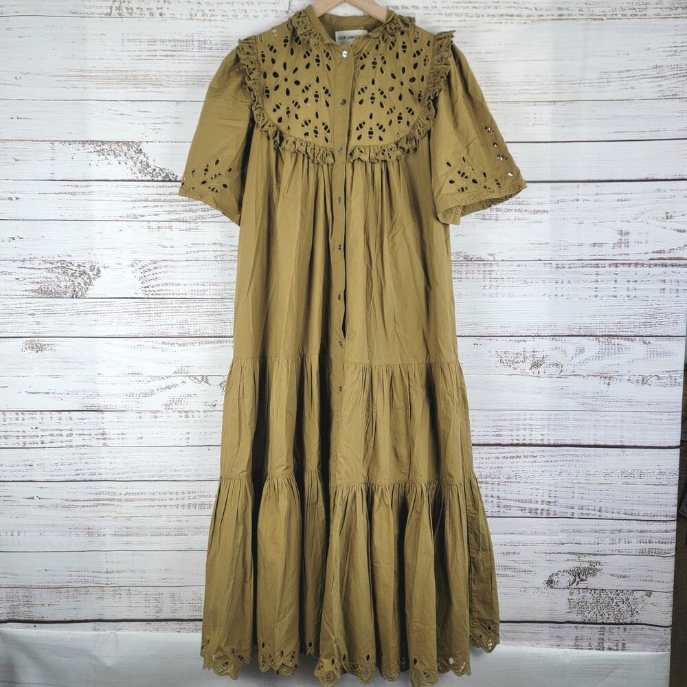 V de Vinster Womens M Dress Broderie Anglaise Green Tiered Midi Cotton Eyelet